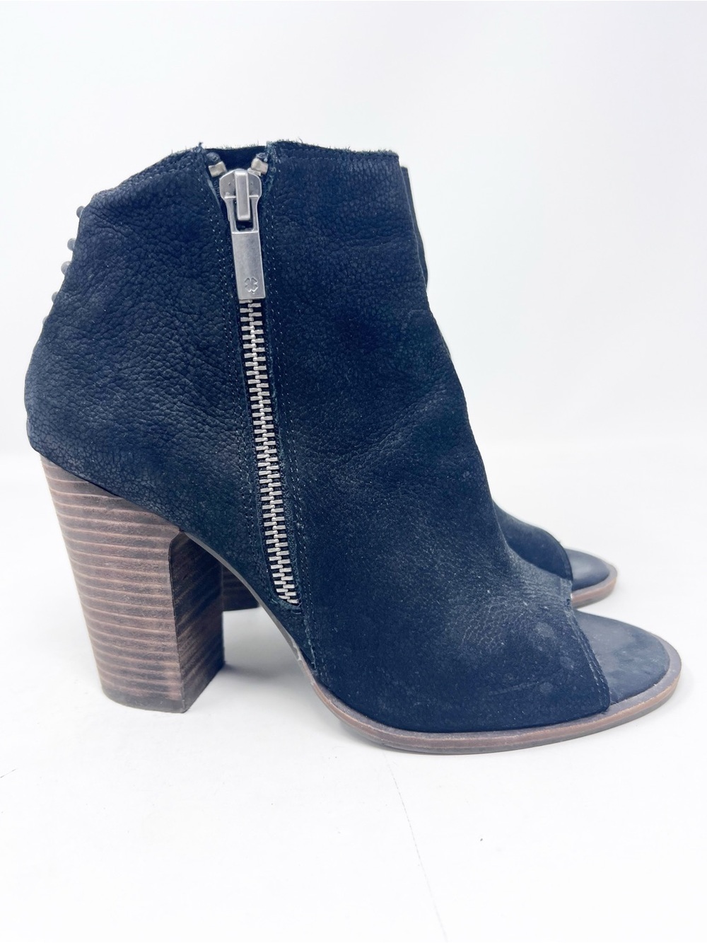 LUCKY BRAND BLACK PEEP TOE STACKED HEEL BOOTIES SIDE ZIP WOMENS SZ 6